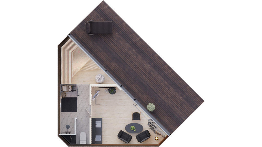 Das Corner House Modulhaus in der Sauna Variante aus der Vogelperspektive.